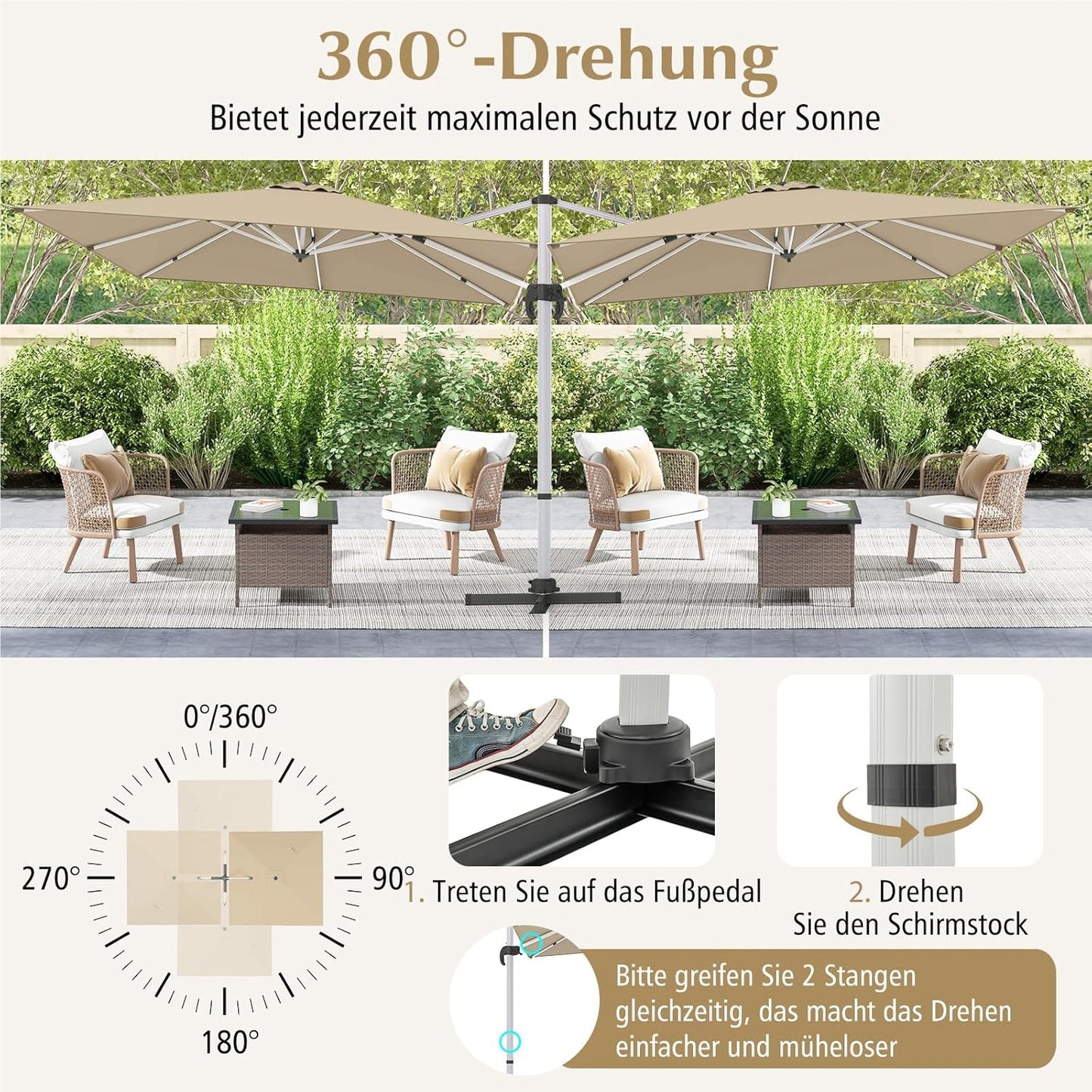 Tuinscherm Parasol – Tuintent Zonnescherm – Terrasparasol – Marktparasol – Beige – 300x300 cm Groot – 360° Draaibaar Met Slingerbediening