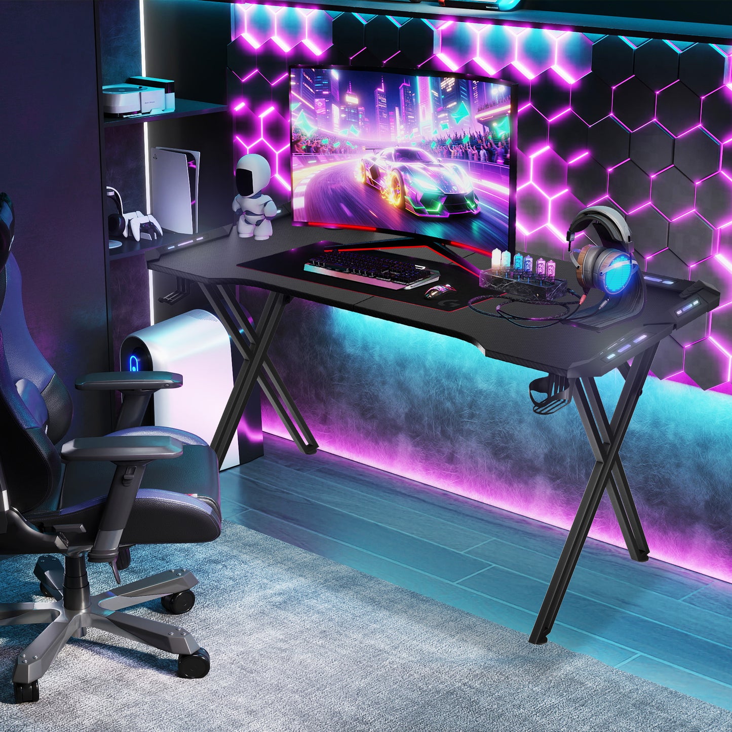 Gamingtafel – Gamebureau – Computertafel – PC Bureau – Werktafel – 120 cm – Stalen X-frame – Bekerhouder en Headphone Haak