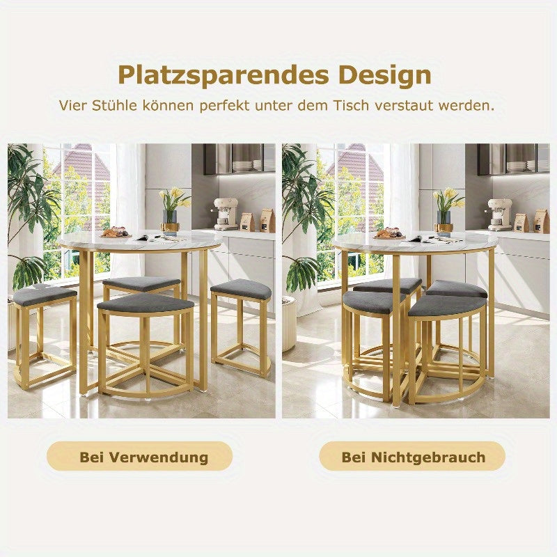 Eetkamertafel Set – Tafel Met Stoelen – Keukentafel Met Stoelen – Eetkamermeubel – Dining Set – Fluweel Beklede Stoelen – MDF Blad – Gouden Metalen Frame – Modern Design – Compact Voor Kleine Gezinnen