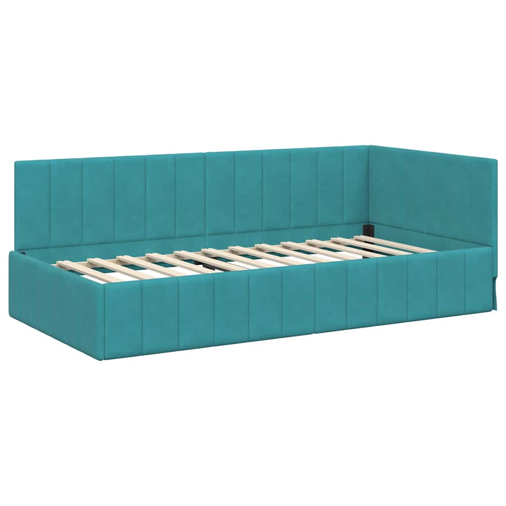 Bedframe – Bedbodem – Eenpersoonsbed – Slaapkamermeubel – Lattenbodem – 90x200 cm – Gefineerd Hout – Velvet Hoofdeinde Donkergroen