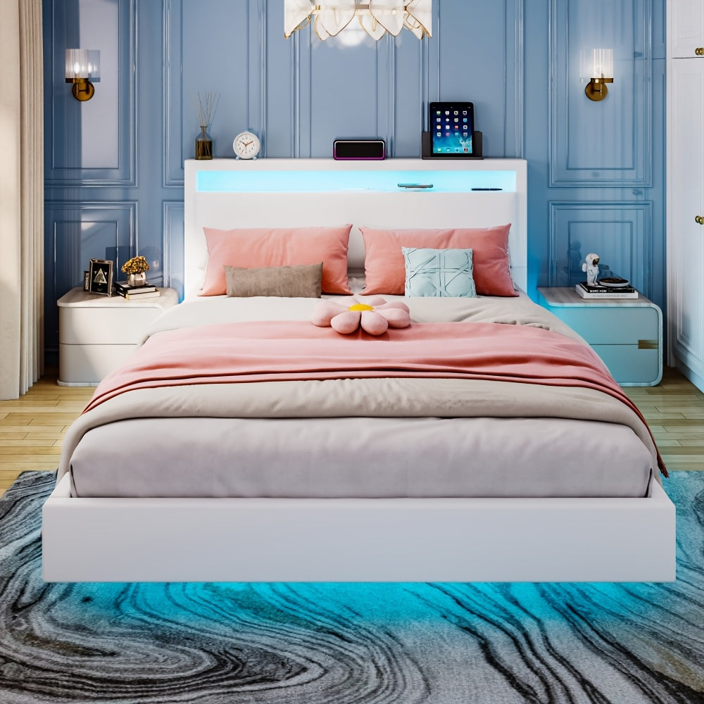 Zwevend Bedframe – Modern Bed – Platformbed – Slaapkamerbed – Gestoffeerd Bed – 140x200 cm – LED-Verlichting – Geluidloze Lattenbodem