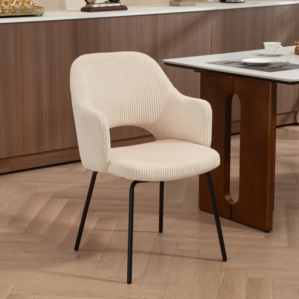 Eetkamerstoel – Stoel – Kuipstoel – Draaistoel – Designstoel – Beige Corduroy Bekleding – Metalen Onderstel – Zacht Kussen – Glijdende Mechaniek