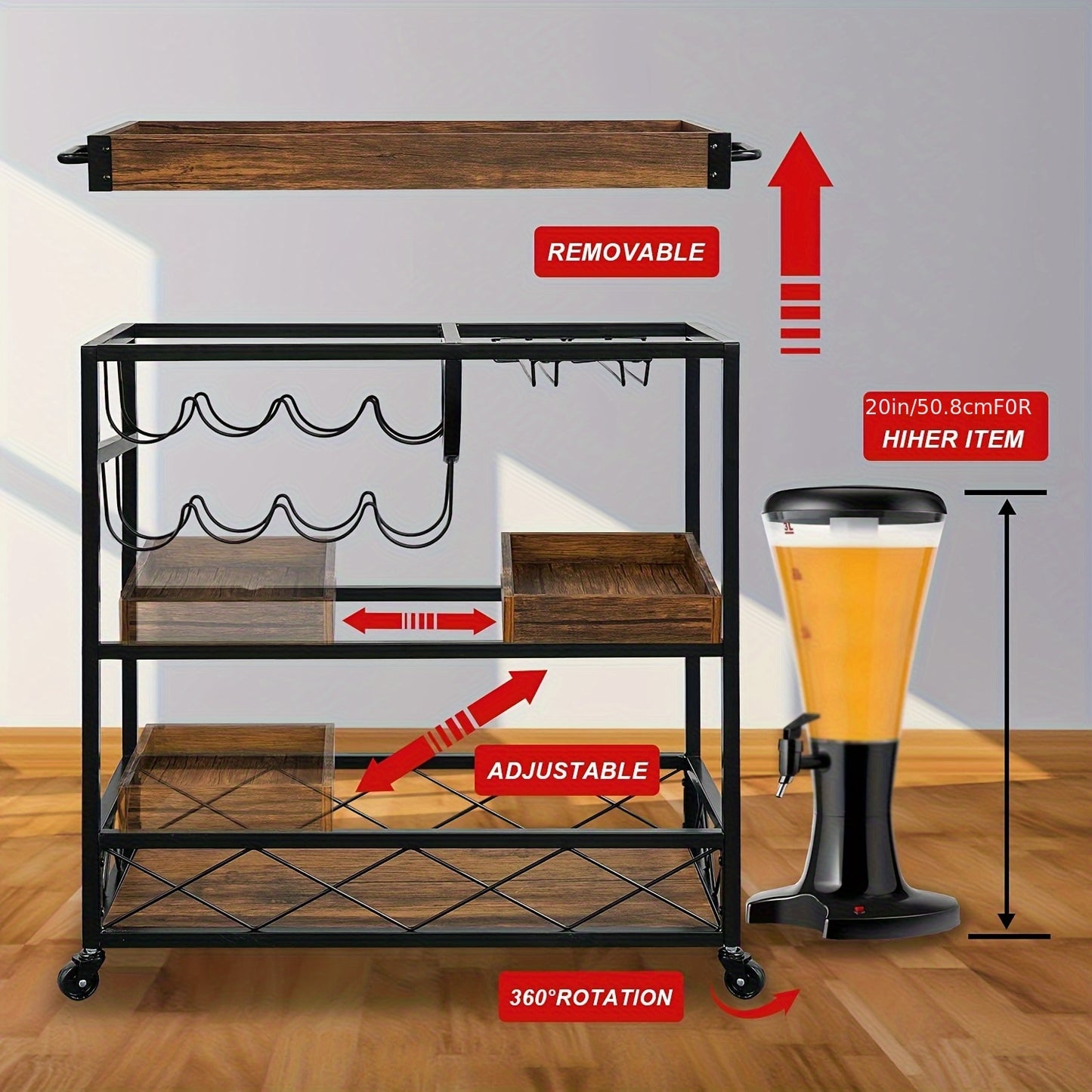 Vintage Industrieel Barwagen – Bar Cart – Serveerwagen – Wijnrek Trolley – Keukenwagen – 85x40x90 cm – Met 8 Wijnrekken en Glashouder – Mobiel Met Wieltjes – Bruin Hout Afwerking