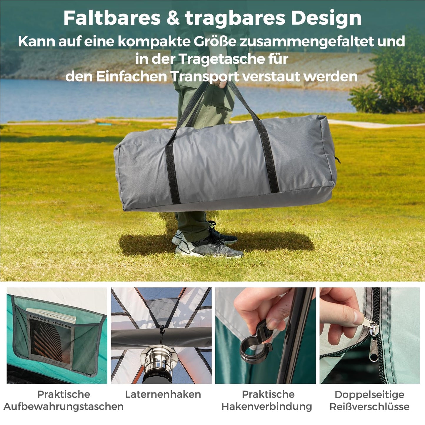 Kampeertent – Familietent – Tunnel Tent – Grote Tent – 2-Kamer Tent – Waterdicht Oxford Polyester – Ruime Voortent Met Zonnescherm – Voor 4-6 Personen – Groen