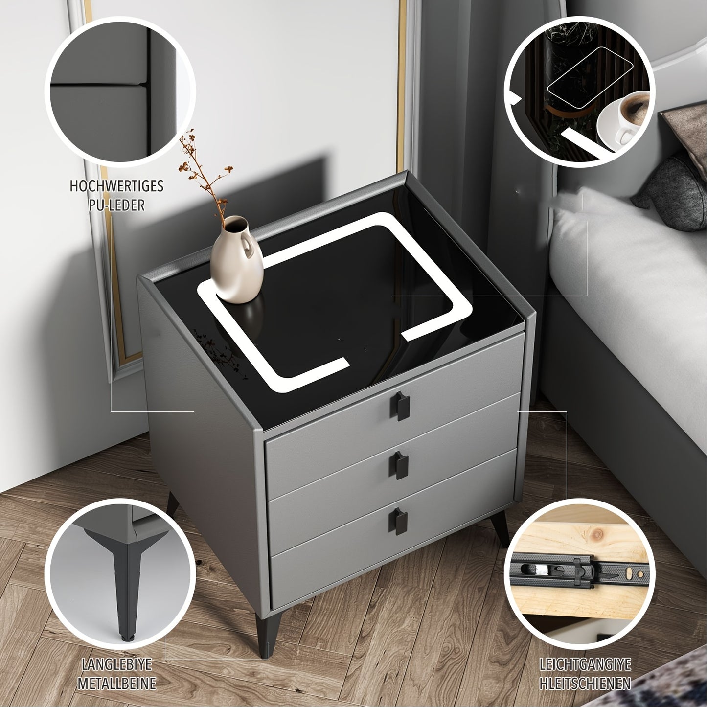 Nachtkastje – Nachtkast – Bijzettafel – Ladekastje – Wandkast – Met LED-verlichting – Compact 68,5 cm Hoog – Duurzame Metalen Constructie – 2 Lades – Grijze Afwerking