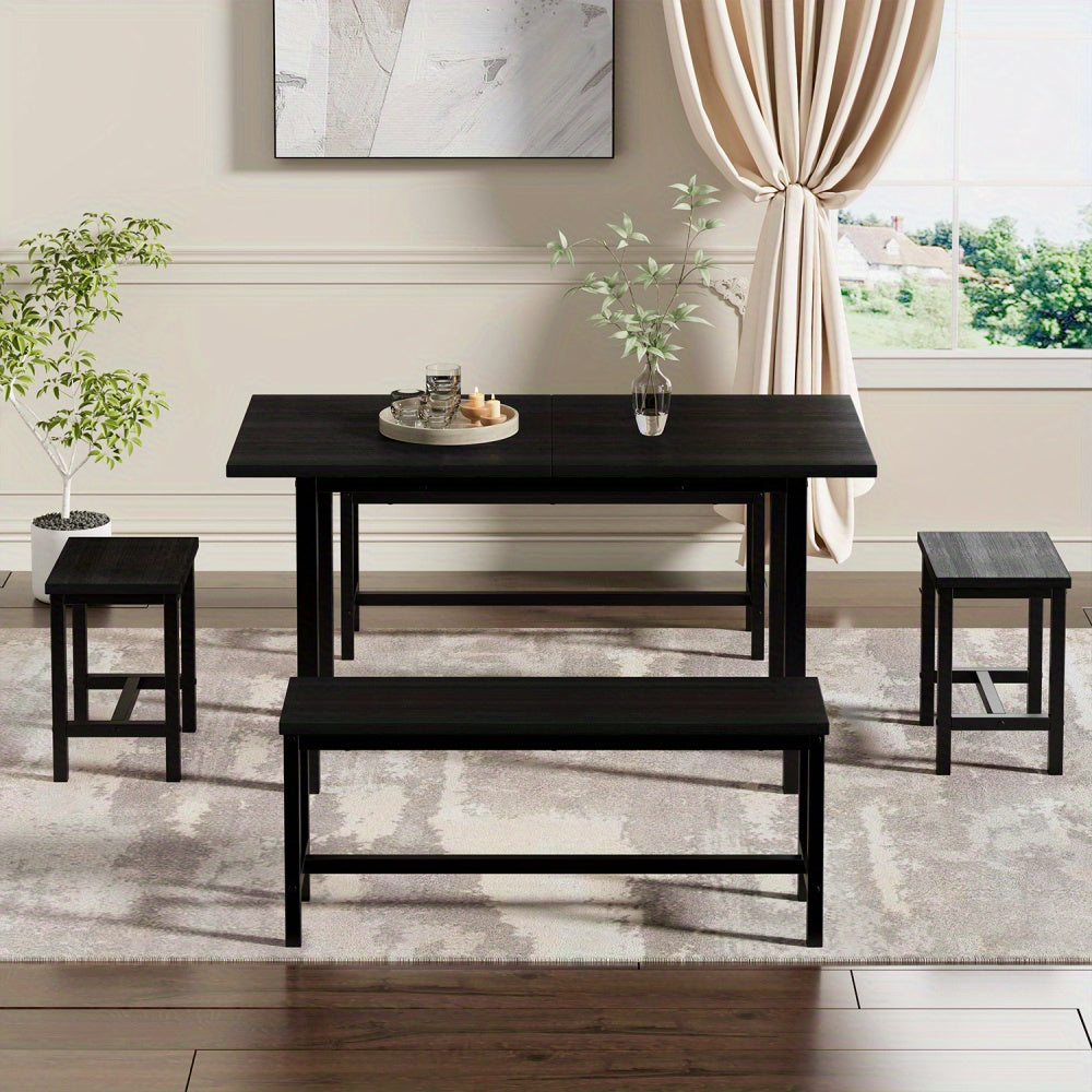 Eettafel Set – Eetkamerset – Keukentafel Set – Zitgroep – Uitschuifbare Tafel – 160x70x75 cm – Inklapbaar – Zwart – Stevig Metalen Frame – Ruimtebesparend Modern Design