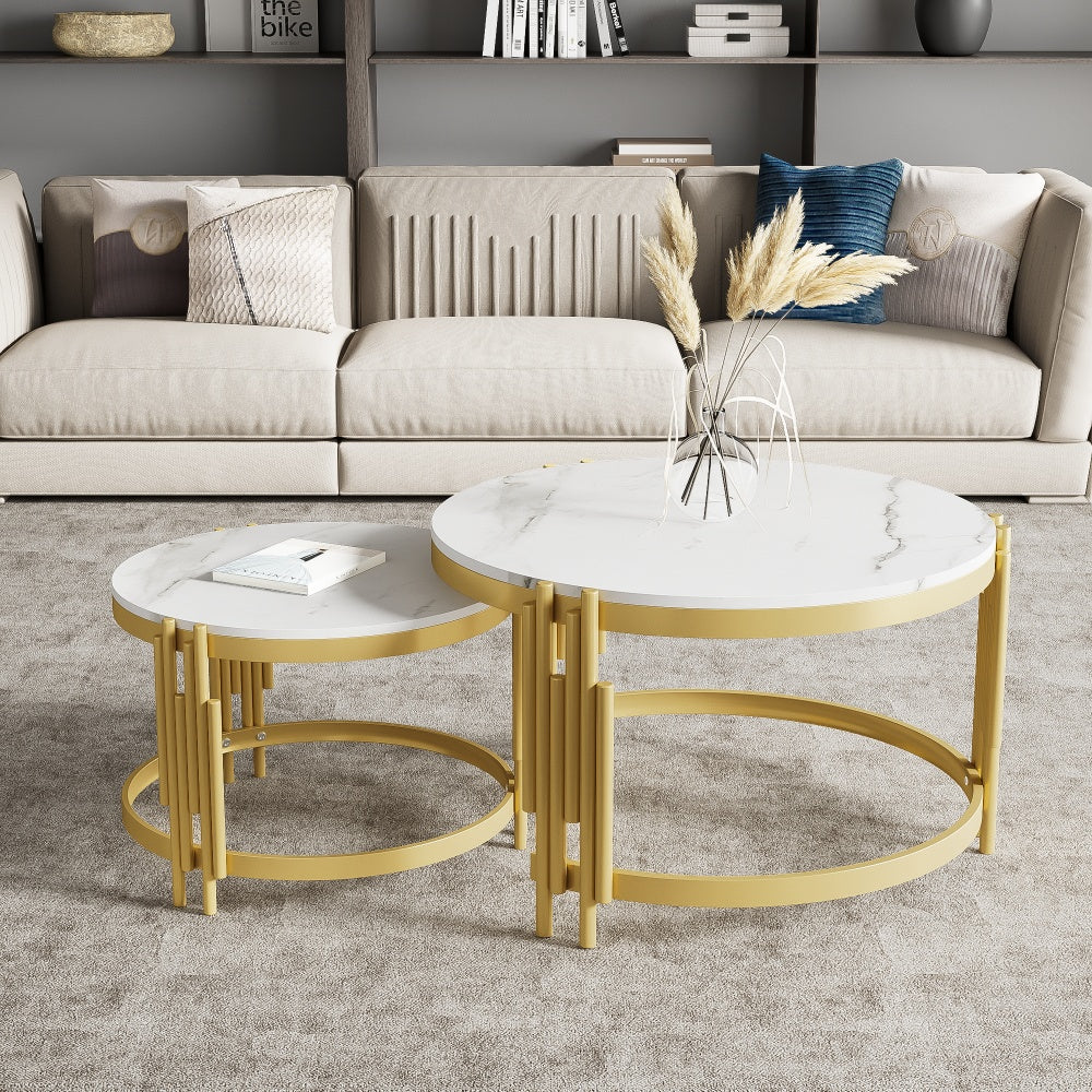 Modern Round Modular Coffee Table & Combination Table - Marble Top with Golden Metal Frame, Space-Saving Expandable Suitable for Living Room, Assembly, Durable Contemporary Table (Wood-Free)