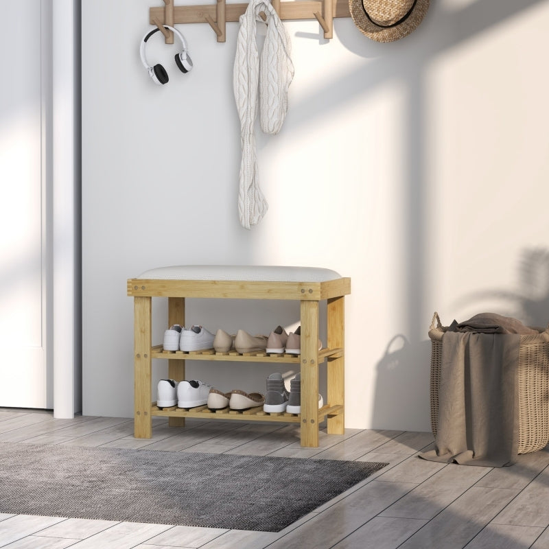Schoenenbank – Schoenrek – Zitbank – Opbergbank – Halbank – Crème Wit – Bamboe Zitting – 2 Open Vakken – Compact 60x29x49 cm