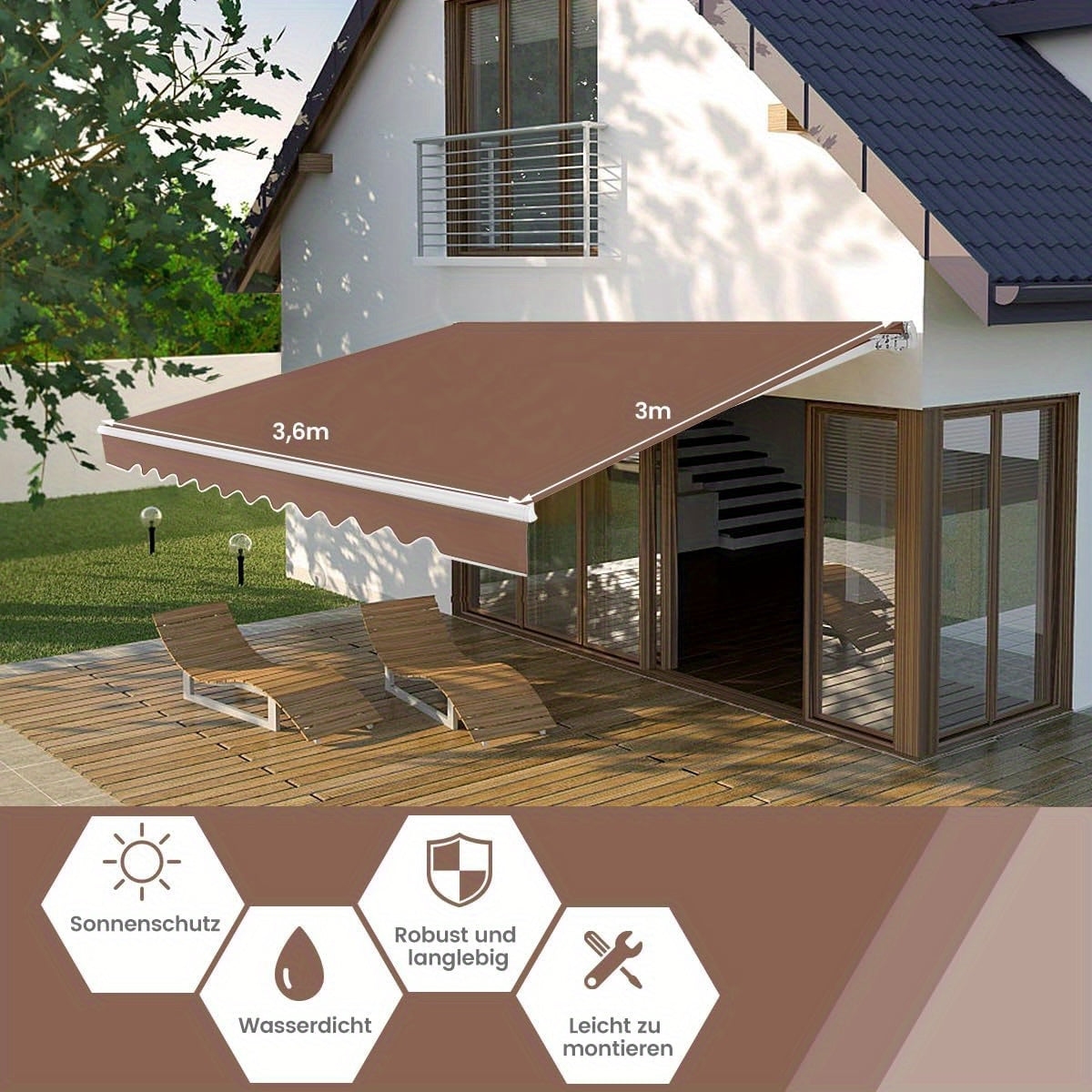Uitschuifbare Luifel – Zonwering – Terrasoverkapping – Buitenluifel – Handbediende Schaduwdoek – 3,6 x 3 Meter – Aluminium Frame – Verstelbaar 40°-100° – Weerbestendig Polyester – Bruin