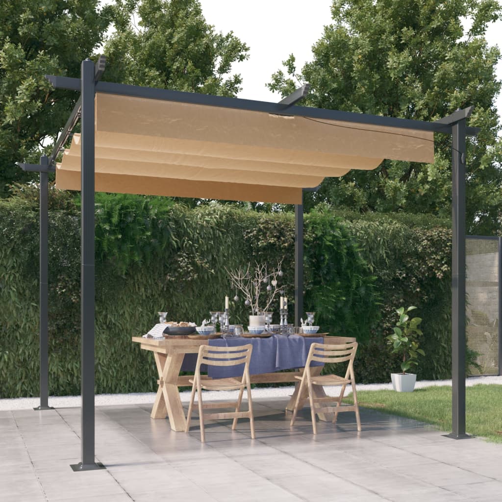 Tuinprieel – Tuinscherm – Prieel – Pergola – Tuinoverkapping – Uitschuifbaar Dak – Gepoedercoat Staal – 3x3m – Taupe