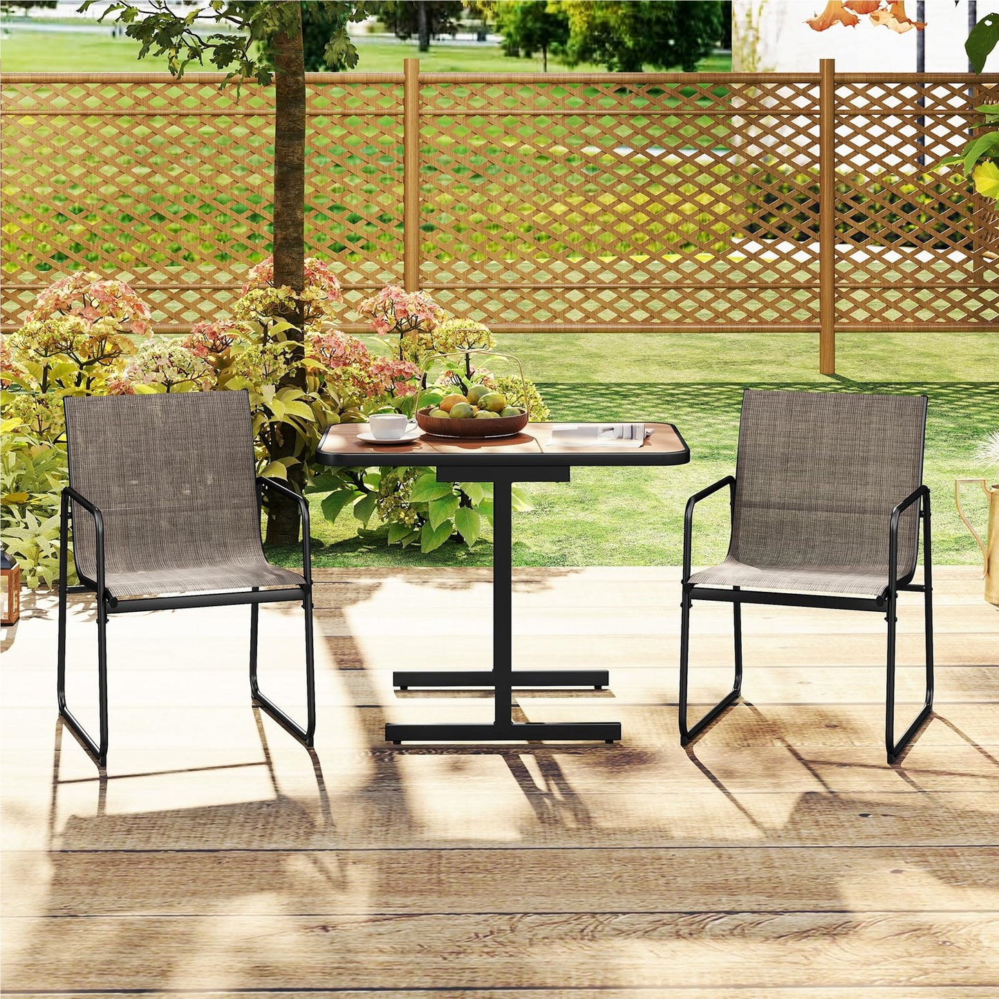 3-delige Tuinmeubelset – Bistroset – Balkonset – Terrasmeubilair – Tuinmeubilair – Ruimtebesparend Ontwerp – Comfortabele Ademend Stof – Zwart Frame Met Bruin Tafelblad