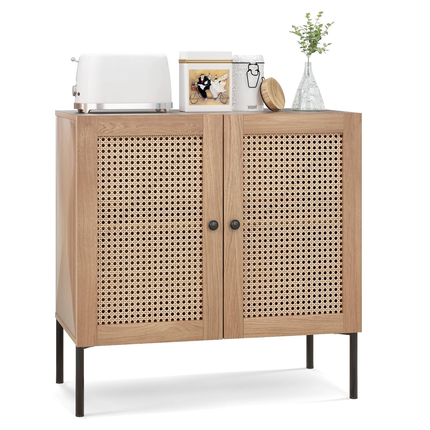 Dressoir – Sideboard – Kast – Buffetkast – Opbergmeubel – Met 2 Rieten Deuren – Industrieel Design – 80x40x80 cm – Verstelbare Planken – Houten Werkblad Eikenhout