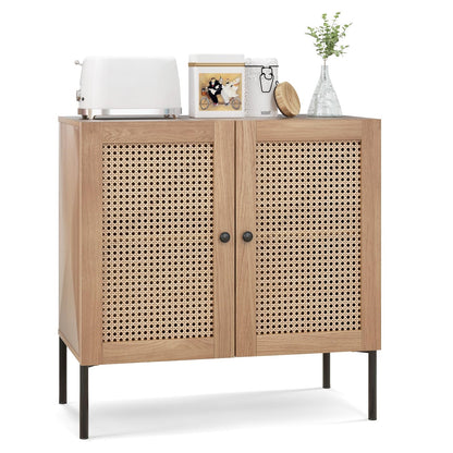 Dressoir – Sideboard – Kast – Buffetkast – Opbergmeubel – Met 2 Rieten Deuren – Industrieel Design – 80x40x80 cm – Verstelbare Planken – Houten Werkblad Eikenhout
