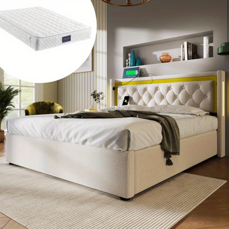 Tweepersoonsbed – Ledikant – Bedframe – Slaapbed – Opbergbed – Met Matras 140x200 cm – Wit Bekleed Frame – Met Opbergruimte Hoofdbord – Voorgeassembleerd – Zonder Stroomvoorziening