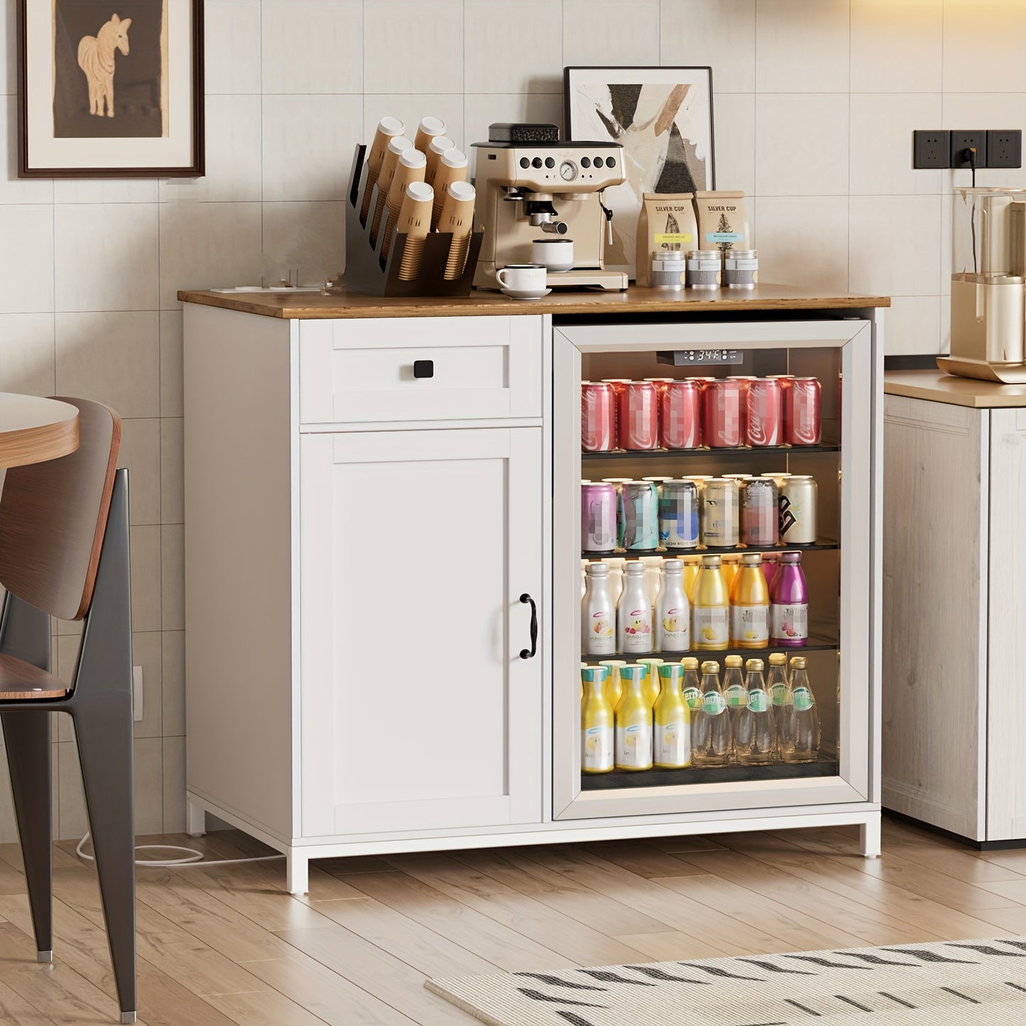 Modern White Kitchen Cabinet with Mini Fridge Compatibility - Large Capacity Storage Base Unit, Adjustable Shelves & Drawers, Coffee Corner Design, -Standing Multi-Functional Furniture for Small Spaces (Fits Most Mini Fridges