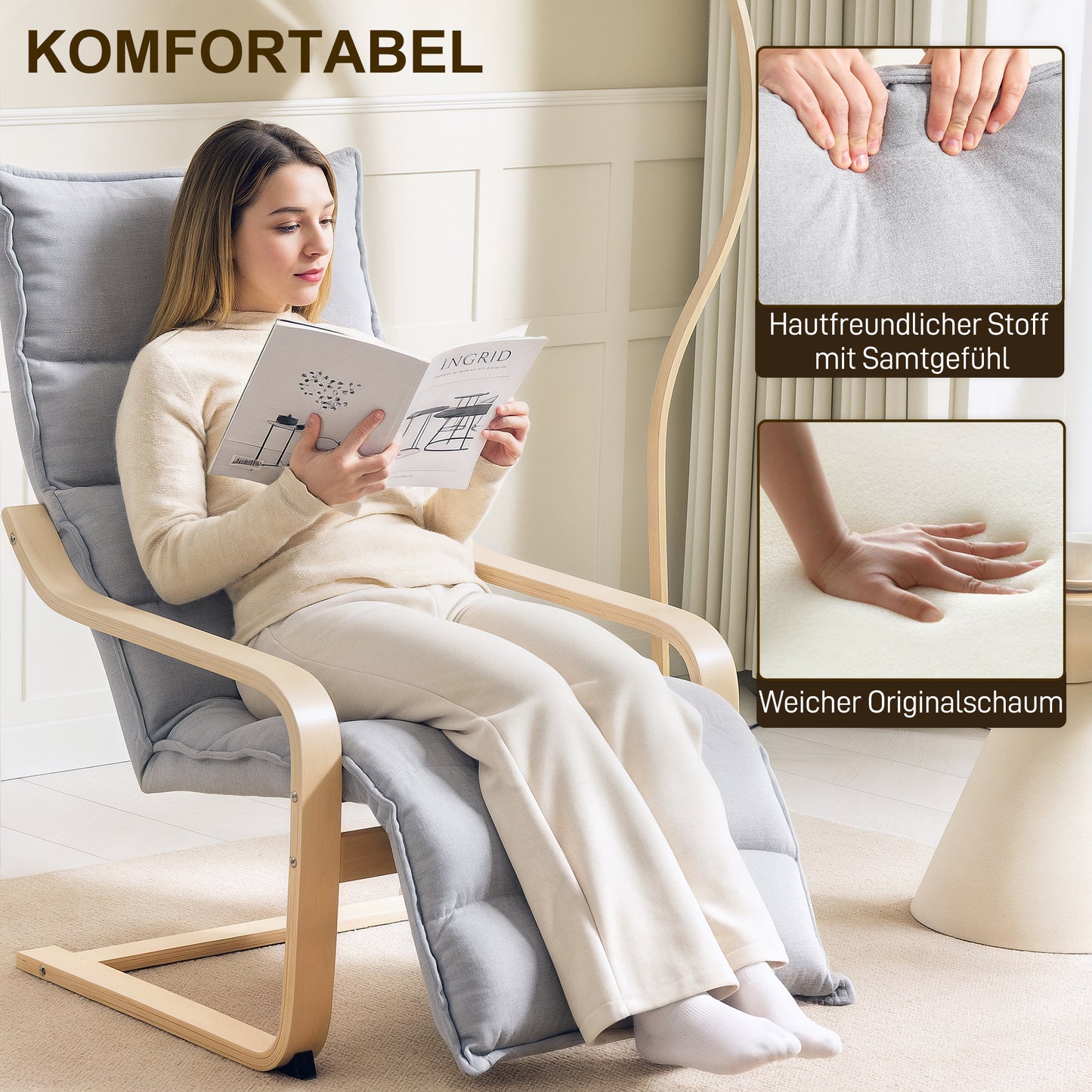 Loungestoel – Fauteuil – Relaxstoel – Leunstoel – Zithoekstoel – Massief Berkenhout – Verstelbare Voetensteun – Lichtgrijze Stoffering – Modern Design