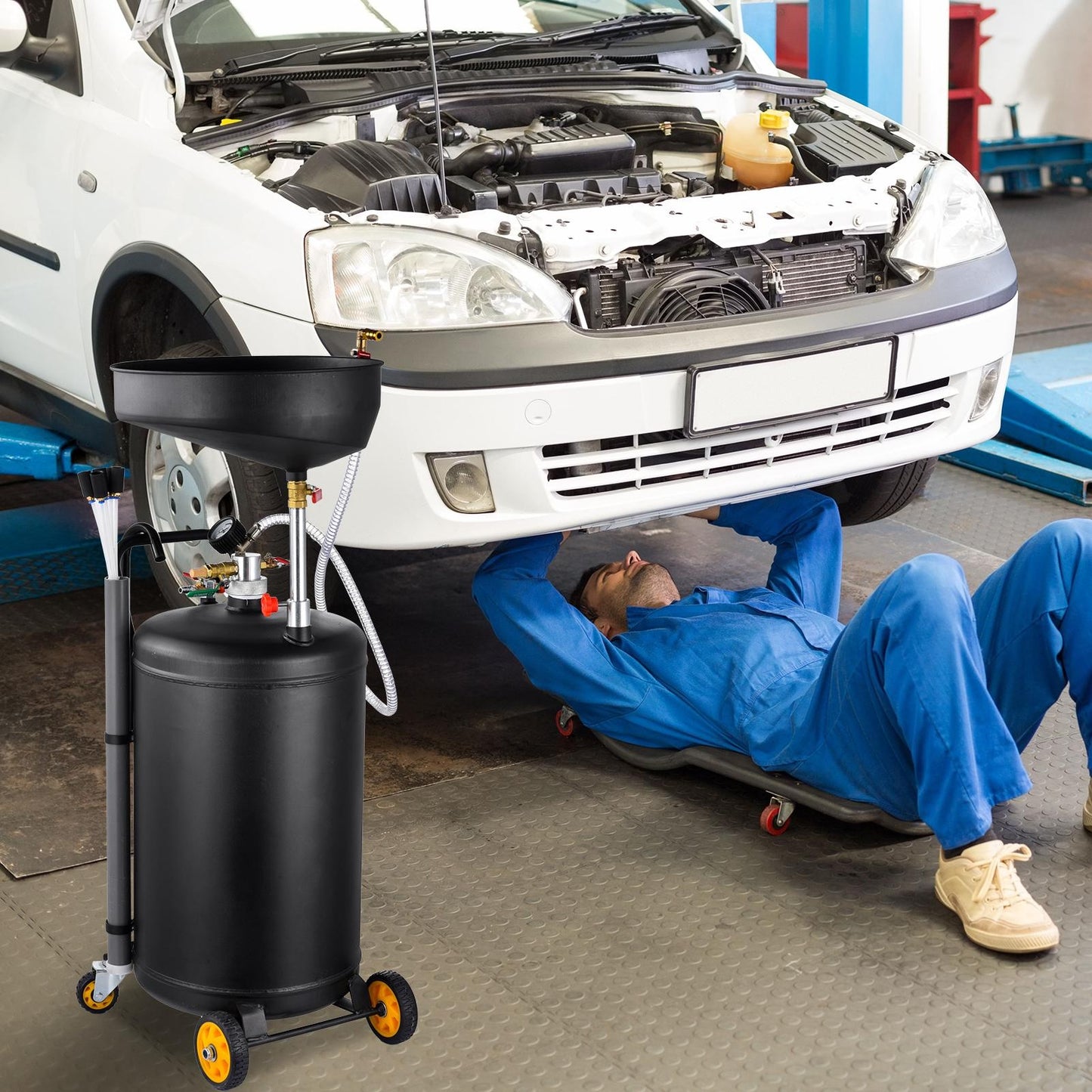 Portable 2-in-1 Used Oil Drain Oil Collector | 90 L Pneumatic Oil Drain, Adjustable Height, Stainless Steel, Equipped with Wheels, Black Color