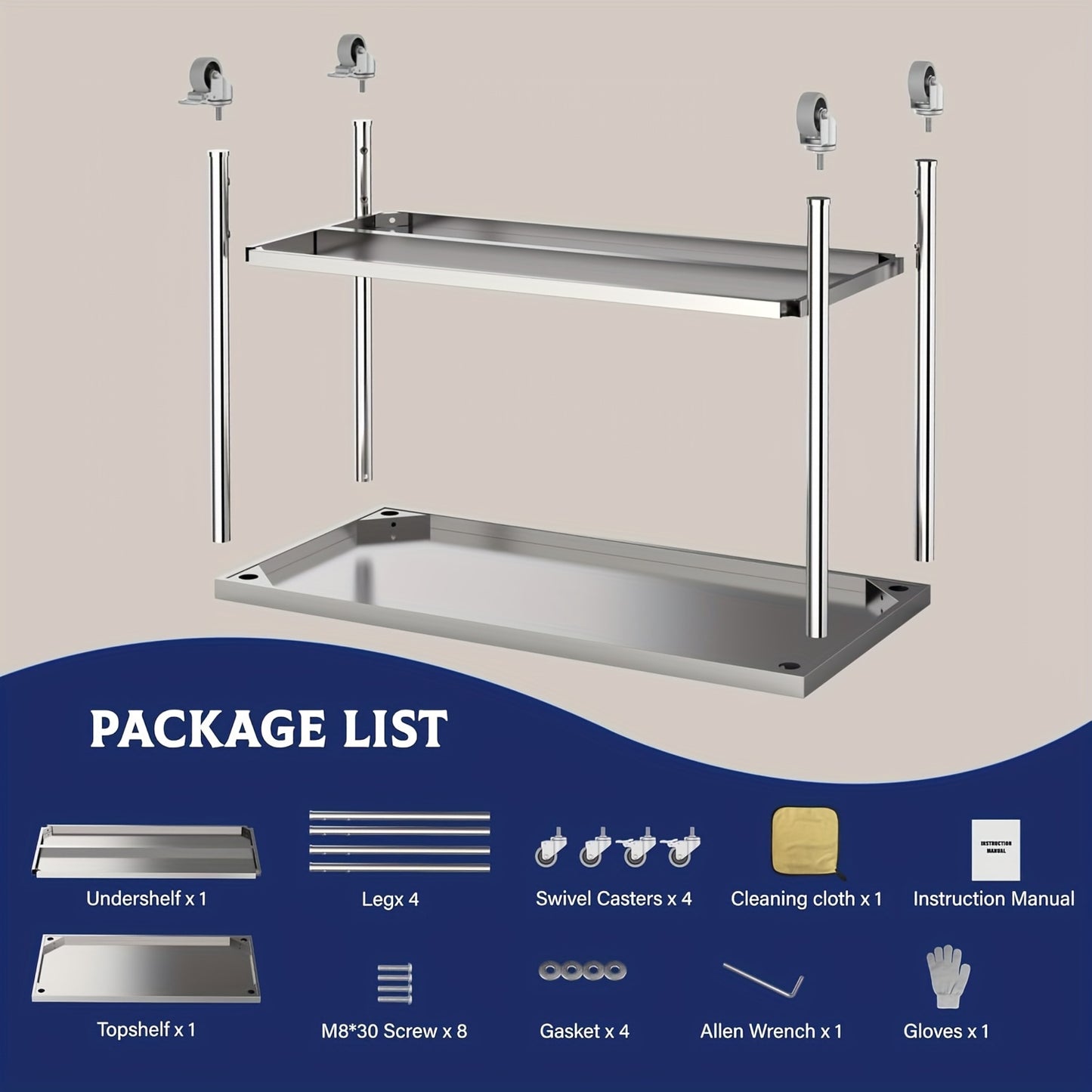 Roestvrijstalen Werktafel – Werkbank – Werktafel Met Wieltjes – Werkbank Met Opbergruimte – Hygiënische Tafel – 91,44x60,96 cm – 1100 kg Belastbaar – Verstelbaar Onderblad Met Zwenkwielen