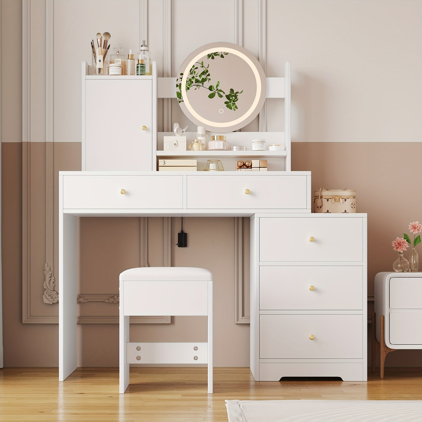 Kaptafel Wit – Dressing Table – Make-up Tafel – Make-up Kaptafel – Vanity Table – 5 Laden & Kast – Vrijstaand Ontwerp – Compact & Duurzaam – Inclusief Kruk