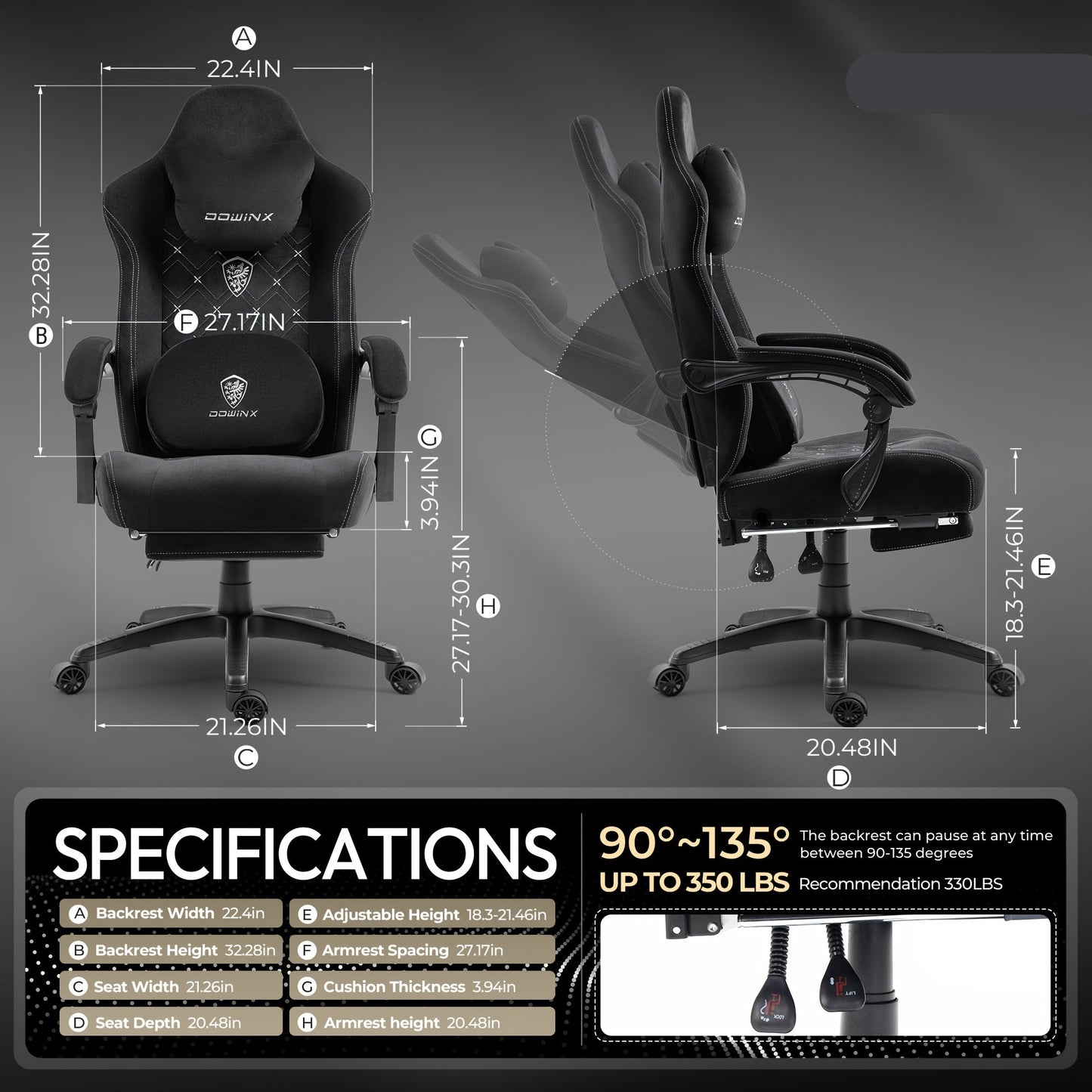 Gamingstoel – Gamestoel – Bureaustoel – Racestoel – Comfortstoel – Ergonomische Zitting Met Pocketvering – Handmatig Verstelbare Rugleuning En Voetensteun – Zwart