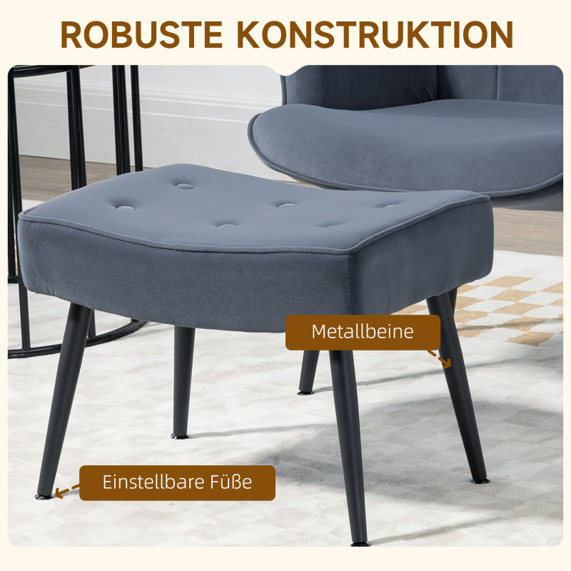 Relaxstoel – Fauteuil – Loungebank – Zitstoel – Donkergrijs Samet – Verstelbare Voetjes – Inclusief Voetenbankje