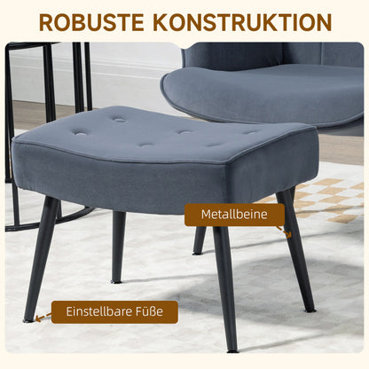 Relaxstoel – Fauteuil – Loungebank – Zitstoel – Donkergrijs Samet – Verstelbare Voetjes – Inclusief Voetenbankje