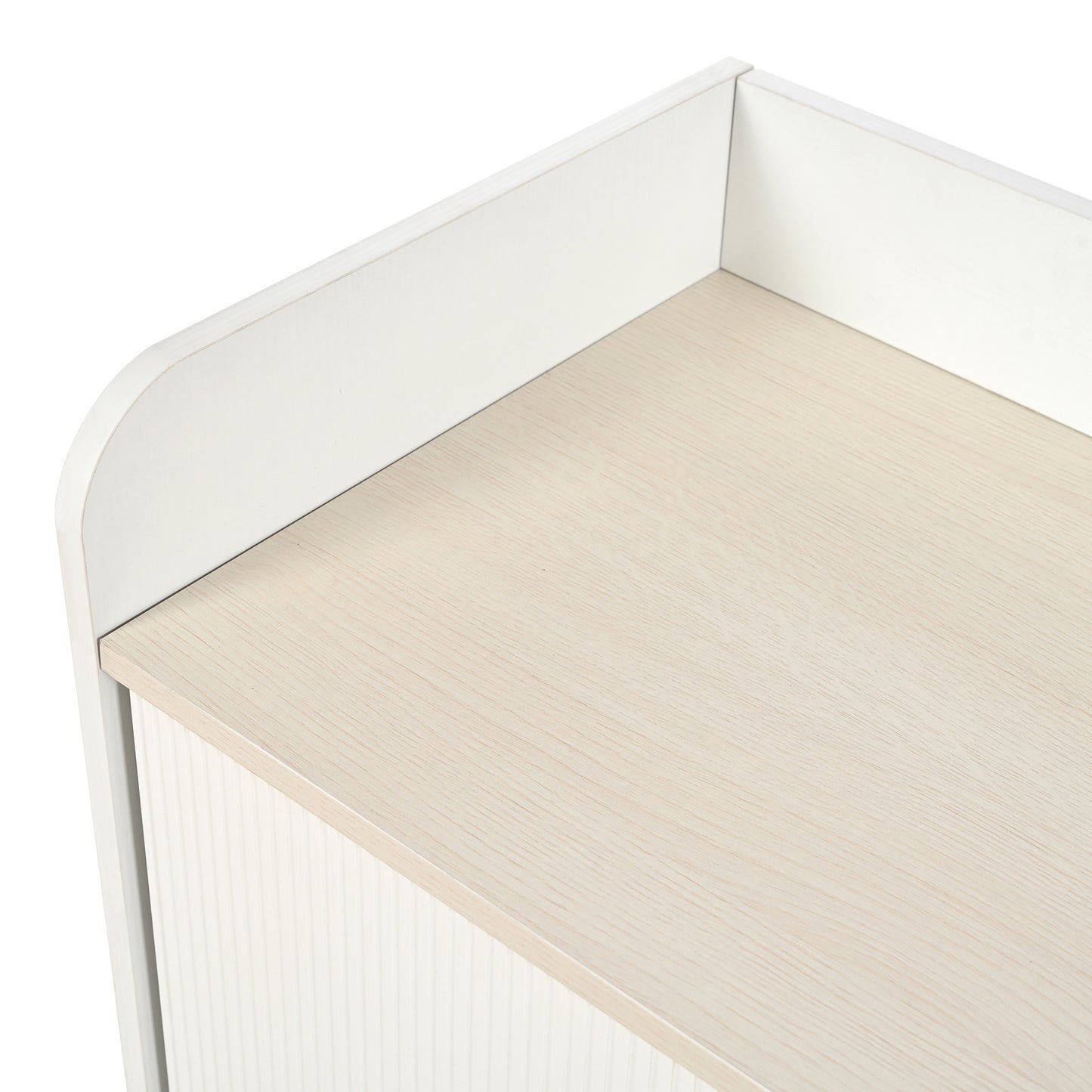 BTM Sideboard Dresser with Three Drawers, Striped Sliding Doors, Storage Shelves, and Raised Countertop, Modern Sideboard in White and Wood Finish on Tall Wooden Legs, 117.5×39.5×79 cm