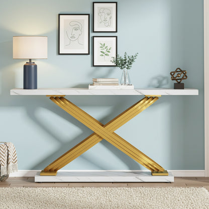 Sidetable – Consoletafel – Wandtafel – Haltafel – Bijzettafel – Smal Rechthoekig Ontwerp – Faux Marmeren Gouden Blad – Robuust Massief Houten Frame