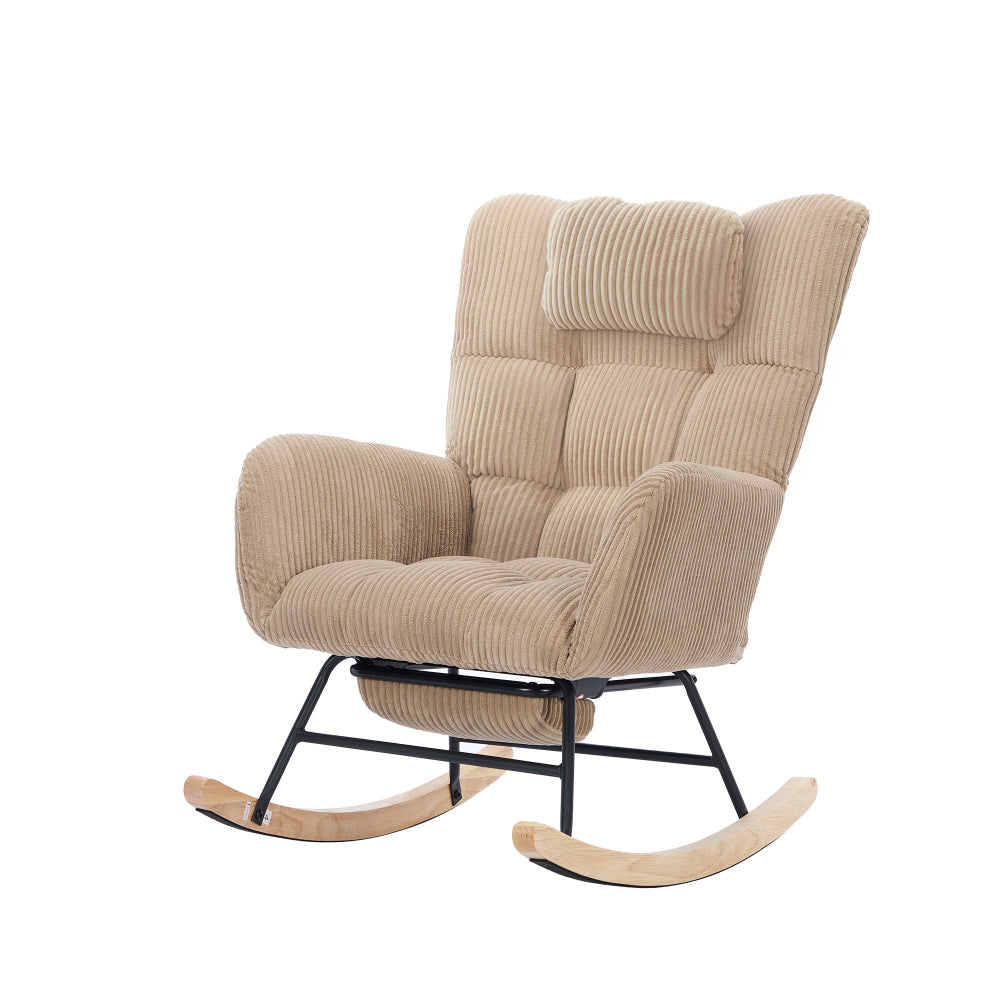 Rocking Chair with Invisible Rocker Base & Neck - Soft Upholstered High-Back Brown Armchair, - Padded Seat, Easy Assembly, Durable Metal-Free Fabric for, & Room (No Wood)