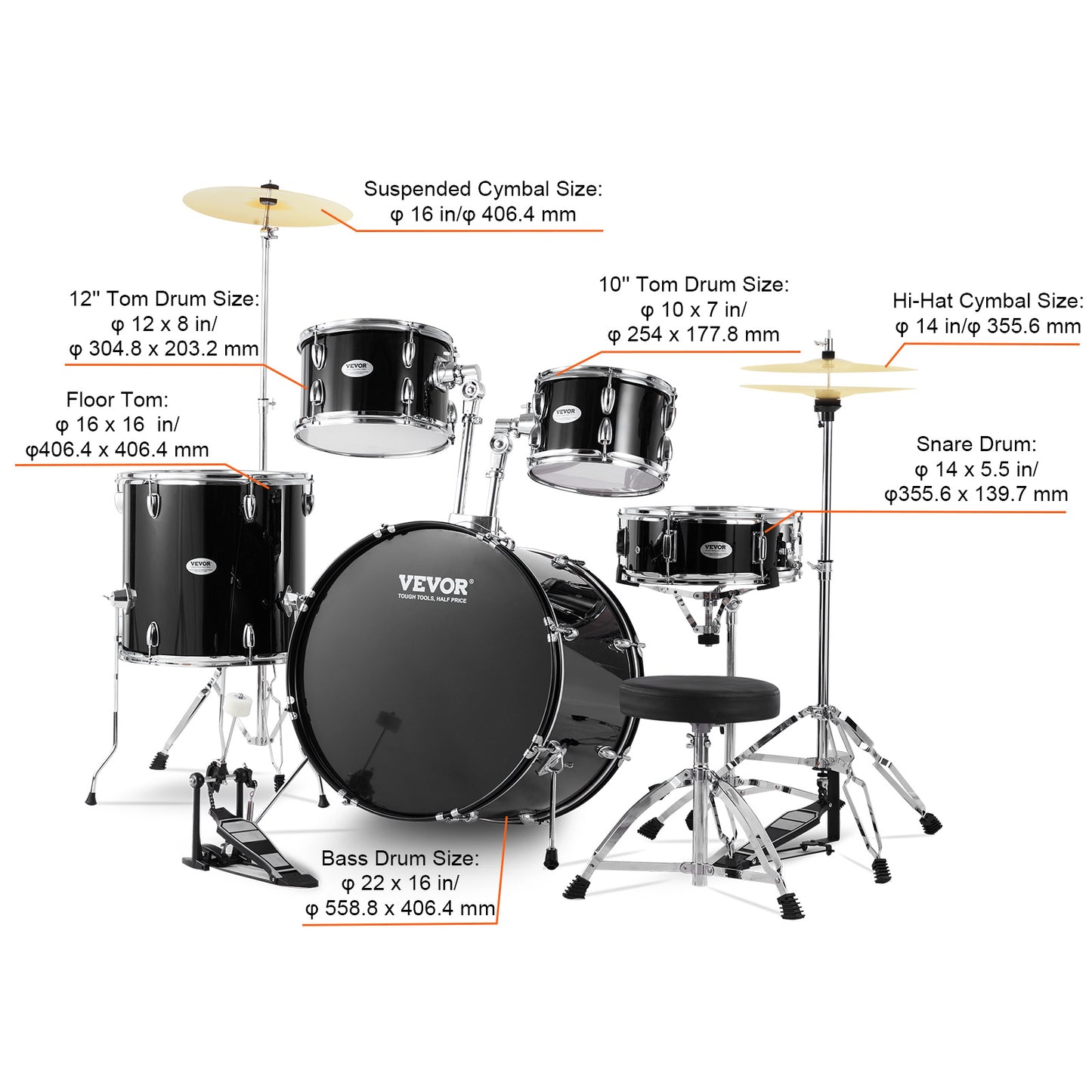 Drumstel – Drumset – Elektrisch Drumstel – Akoestisch Drumstel – Muziekinstrument – 22 Inch Full Size – Verstelbare Kruk & Duurzame PET Drumvellen