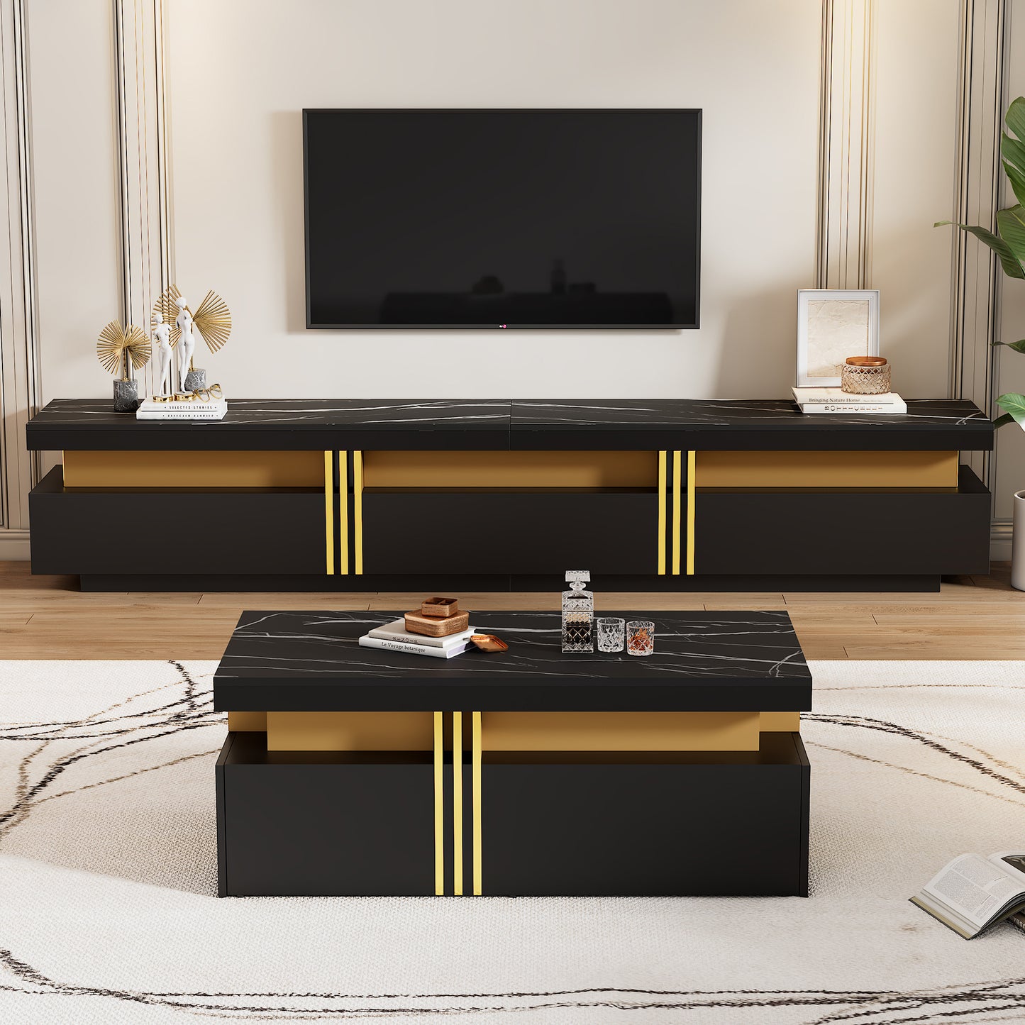 Woonkamerset – TV Meubel – Salontafel – Lowboard – Opbergmeubel – Zwart-Wit Marmerlook – Gouden Accenten – Hoogglans Afwerking – Geschikt voor TV tot 90 Inch