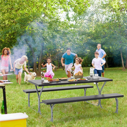 Bier Tent Set – Bierbank Set – Picknicktafel – Feesttafel – Tuinset – Weerbestendig HDPE Blad – Inclusief Parasolgat – Zwart – Geschikt Voor 6-8 Personen – Robuust Metalen Frame