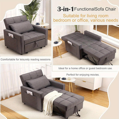 3-in-1 Sleeper Chair Bed with Folding Backrest & Side Pocket - Space-Saving Convertible Sofa Bed, Hardwood/Plywood Frame, Easy Assembly, No Batteries/Electricity, Ideal for Guest Rooms, Small Spaces, Apartments - Modern Grey