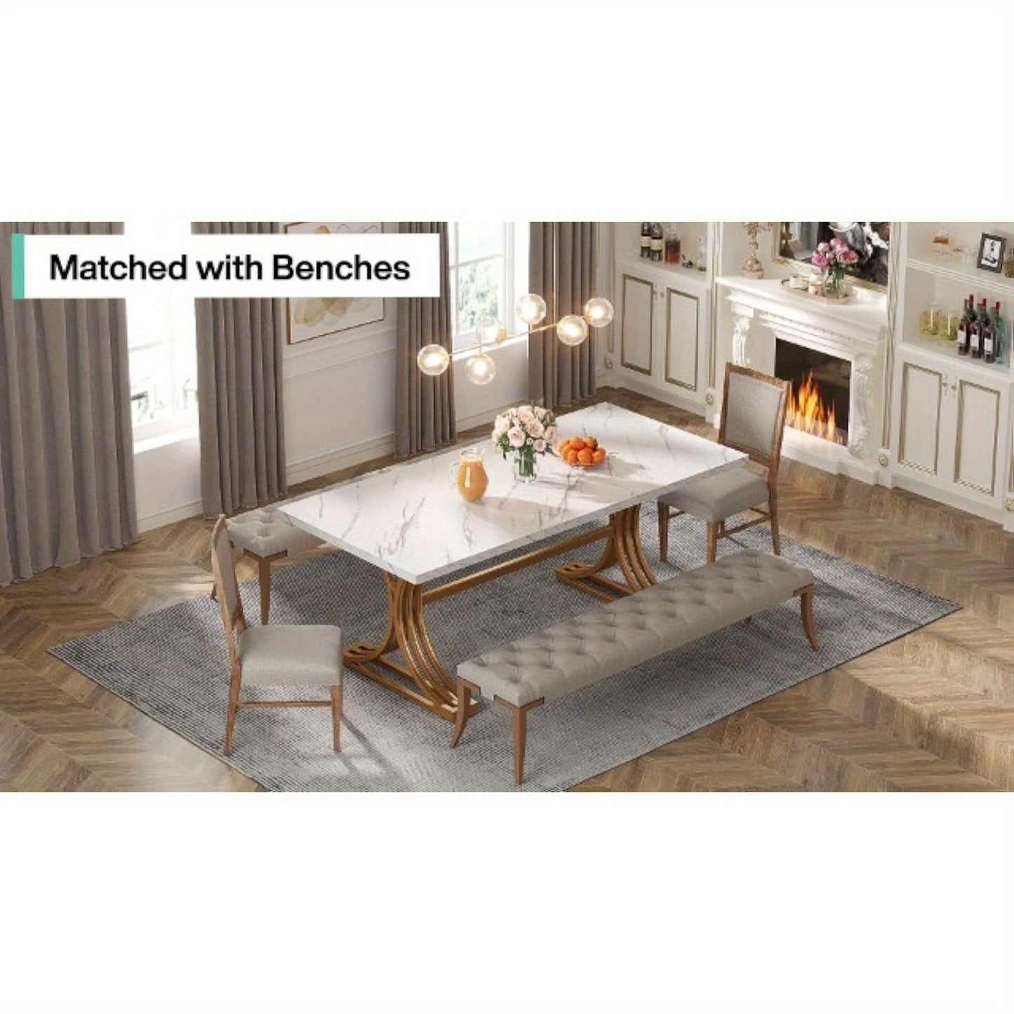Eettafel – Tafel – Dinertafel – Keukentafel – Vergadertafel – Modern – Wit & Goud – 160x80 cm – Stevige Metalen Poten – Faux Marmeren Tafelblad