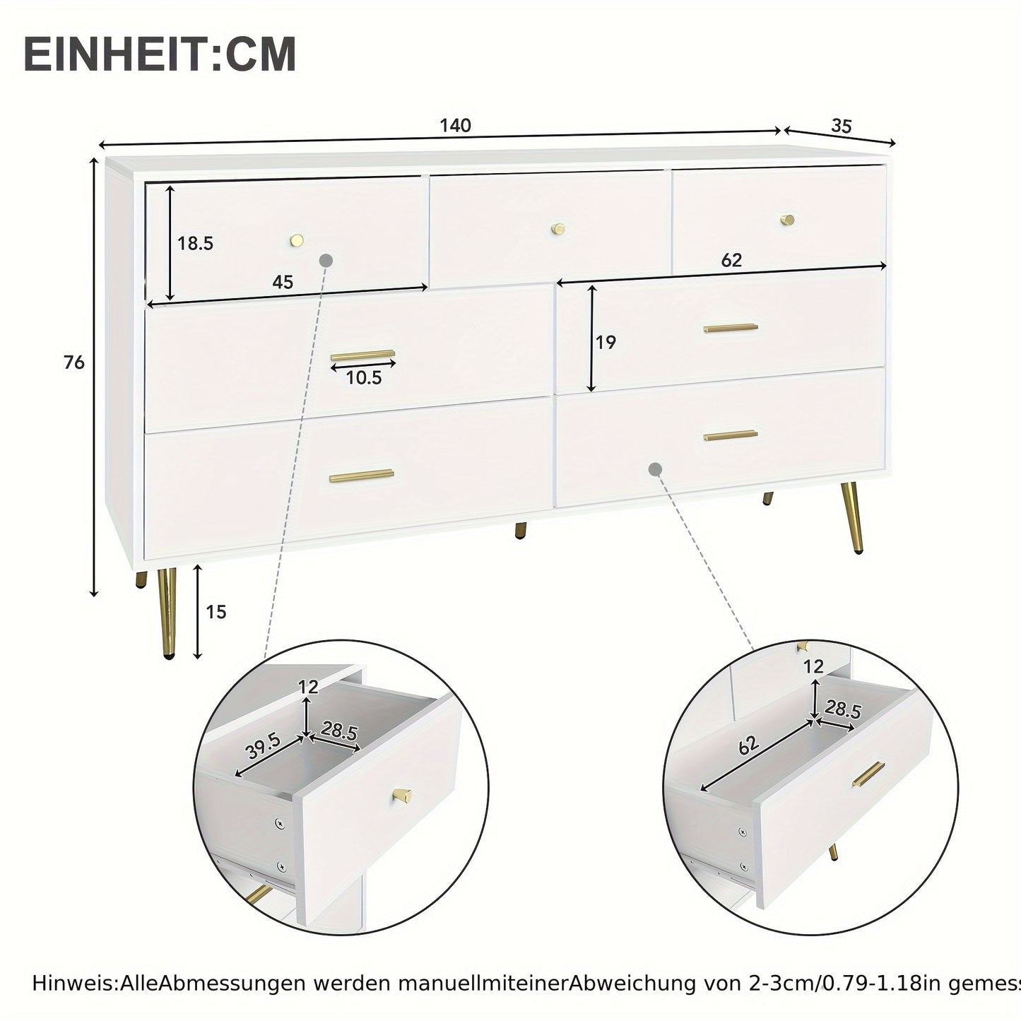 Furniture Piece with Multiple Drawers And Golden Details, Suitable for Dining Room Or Kitchen, Measuring 140*35*76Cm.