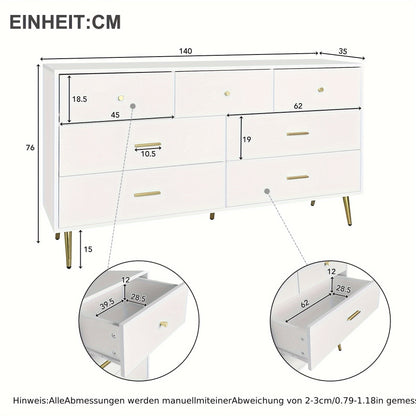 Furniture Piece with Multiple Drawers And Golden Details, Suitable for Dining Room Or Kitchen, Measuring 140*35*76Cm.
