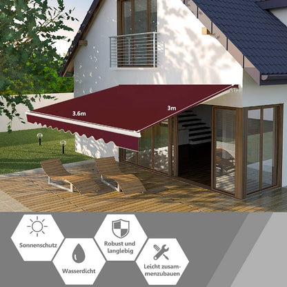 Uittrekbare Zonwering – Terrasscherm – Zonnescherm – Schaduwdoek – Zonbescherming – Verstelbare Hoek 40°-100° – 3,6 x 3 Meter Handmatige Bediening