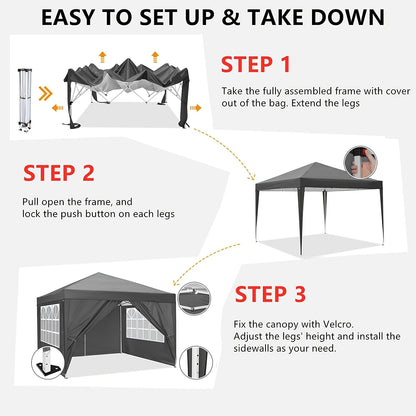 3x3m Pop-Up Canopy Tent with 4 Removable Side Walls Portable Commercial Instant Shelter Includes Carry Bag, Ropes, and Pegs Party Tent Ideal for Gardens, Festivals, Camping BBQs, Backyards, Weddings, Parties, and Outdoor Mark