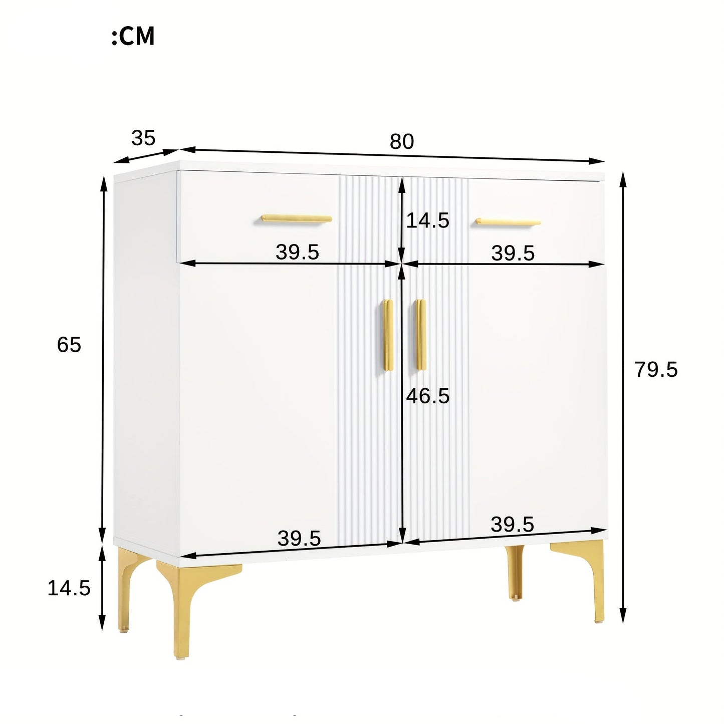 Dressoir – Opbergkast – Ladekast – Buffetkast – Kast – Wit – Met 2 Deuren En 2 Laden – Metaal Handgrepen En Poten – 80x35x79,5 cm – Massief Hout