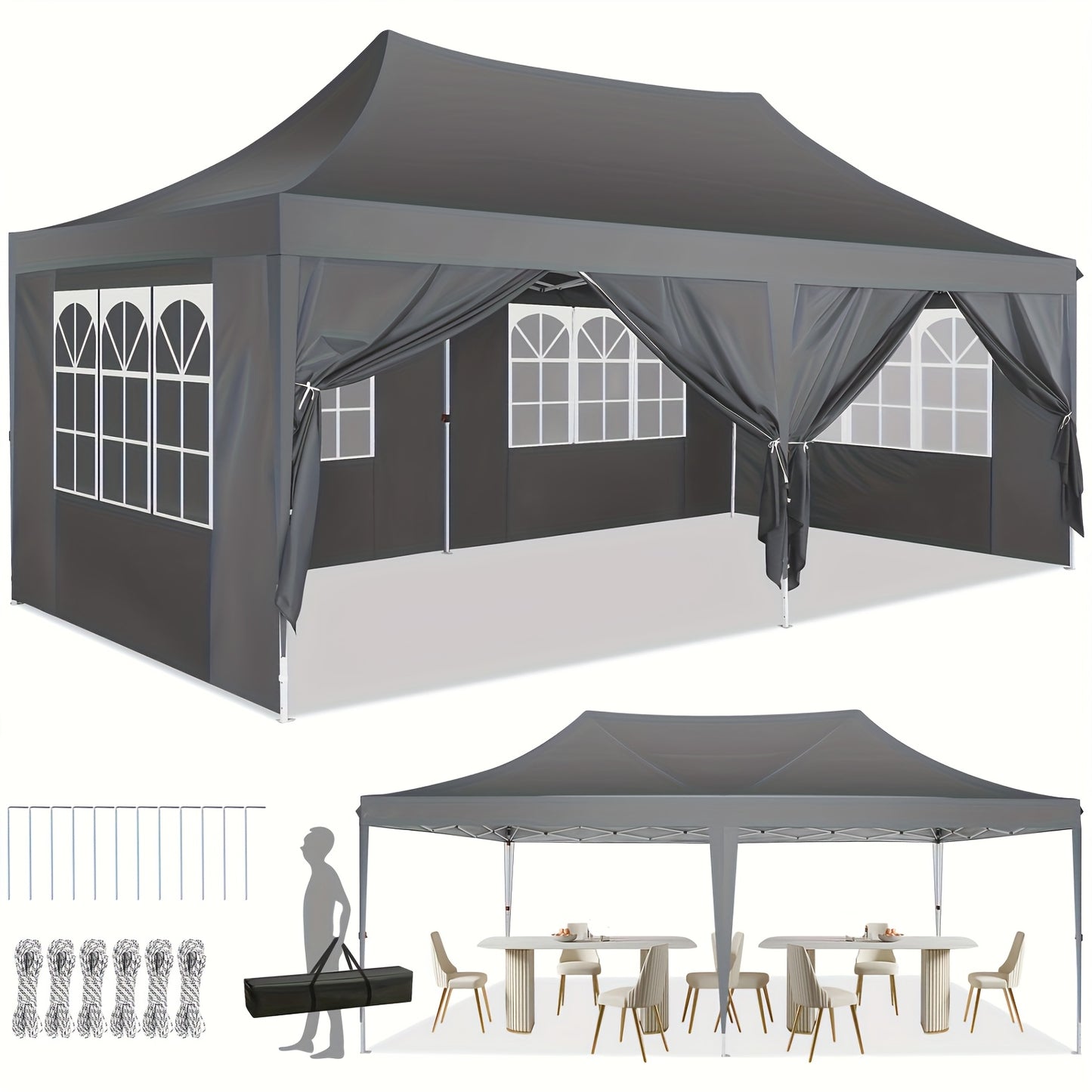 Pop-up Tent – Vouwtent – Opzettent – Partytent – Vouwgazebo – Grijs – 3.05x6.1 Meter – Hoogwaardig Oxford Doek – 6 Afneembare Zijwanden