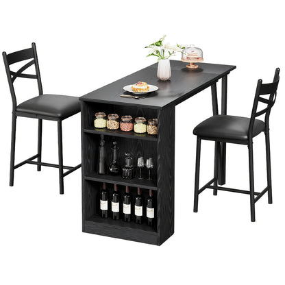 3pcs Two-Person Kitchen Dining Table Set with 2 Chairs & Extendable Counter-Height Bar Table - Space-Saving Modern Farmhouse Style, Dark Wood & Black Metal Construction, 3 Storage Shelves, Easy Assembly for Small Spaces, Apar