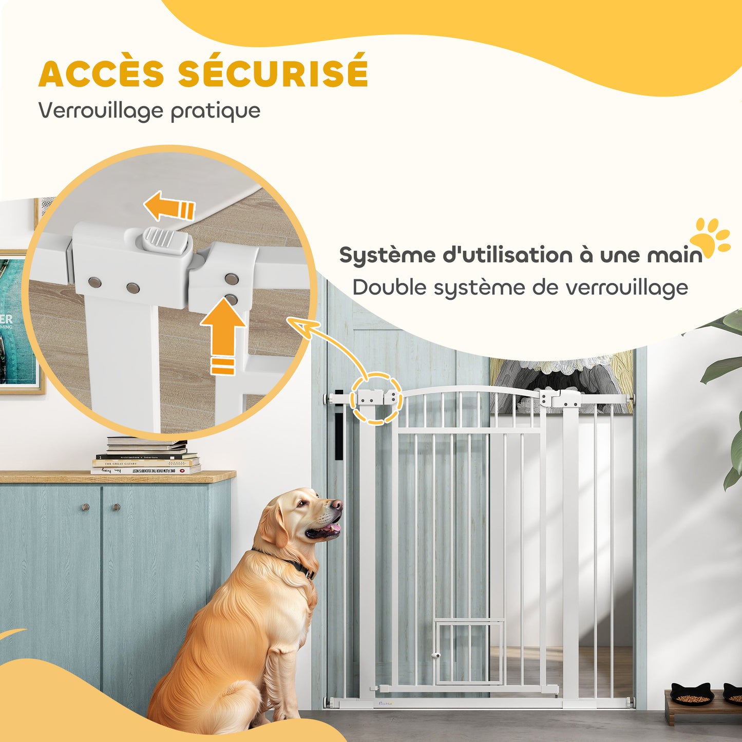 Hondhekje – Huisdiervoorheining – Traphekje – Afsluithek – Dierenhek – Verstelbaar 76-104 cm – Dubbel Veilig Slot – Met Kattenklep – Wit – Stalen Behuizing
