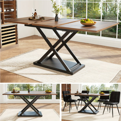 Telescoping Dining Table (120-160×80cm), Extendable Kitchen Table, Space-Saving Design, Black Crossed Iron Legs, Suitable for Kitchen & Living Room, White Marble Walnut Colored