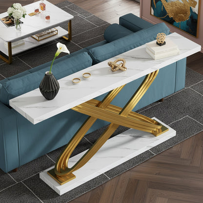 Moderne Sidetable – Console Tafel – Haltafel – Sofa Tafel – Smalle Tafel – Gouden Metaal Frame – Kunstmarmeren Blad – 139,7 cm – Verstelbare Hoogte