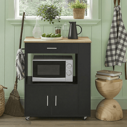 Keukentrolley – Keukenwagen – Serveerwagen – Keukenrek – Opbergkar – Met Lade en Deuren – MDF Zwart – 75x46x83 cm – Verrijdbaar met Remmen