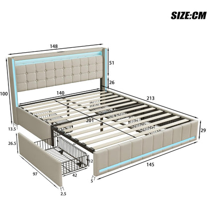 YCZ Bed Frame with Storage Space, Double Headboard Upholstered Bed with LED and USB, Storage Bed with 4 Drawers and Mattress, for Adults, BCDE