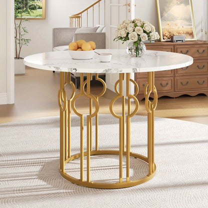 Eettafel – Ronde Tafel – Keukentafel – Woonkamertafel – Eetkamertafel – Marmeren Blad – Gouden Metalen Poten – 100 cm Diameter – Stijlvol Klassiek Design