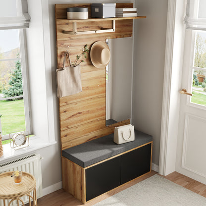 BTM Compact Wardrobe / Hallway Furniture Set with Mirror, Bench, Shoe Cabinet, Hooks, and Shelf in Wood Look, Space-Saving Wardrobe for Hallway & Entryway, 100×38×190 cm