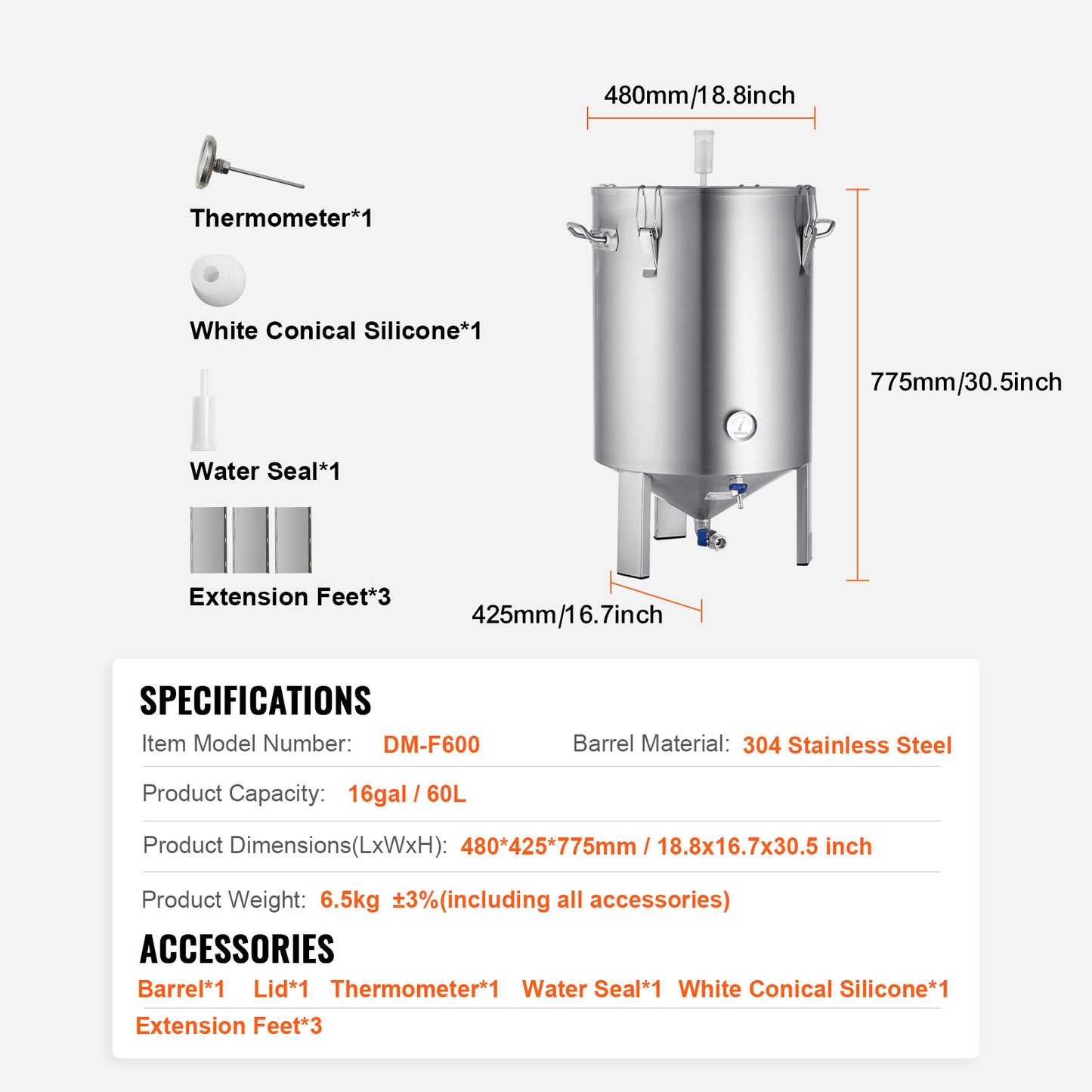Brouwketel – Gistingstank – Maischketel – Fermentatievat – Bierbrouwketel – 16 Gallon Capaciteit – Voedselveilig 304 RVS