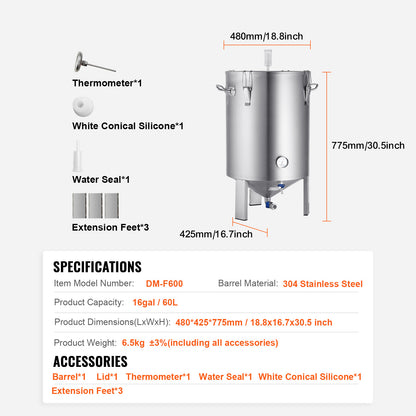 Brouwketel – Gistingstank – Maischketel – Fermentatievat – Bierbrouwketel – 16 Gallon Capaciteit – Voedselveilig 304 RVS